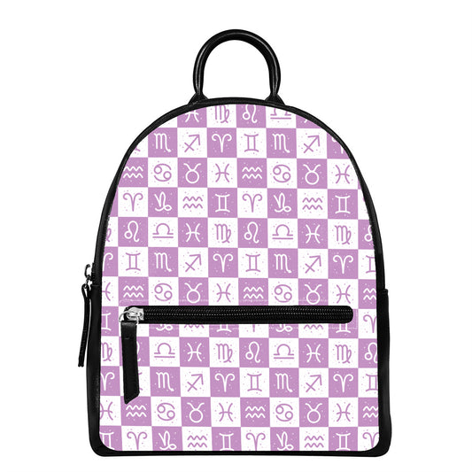White And Purple Zodiac Signs Print Leather Backpack