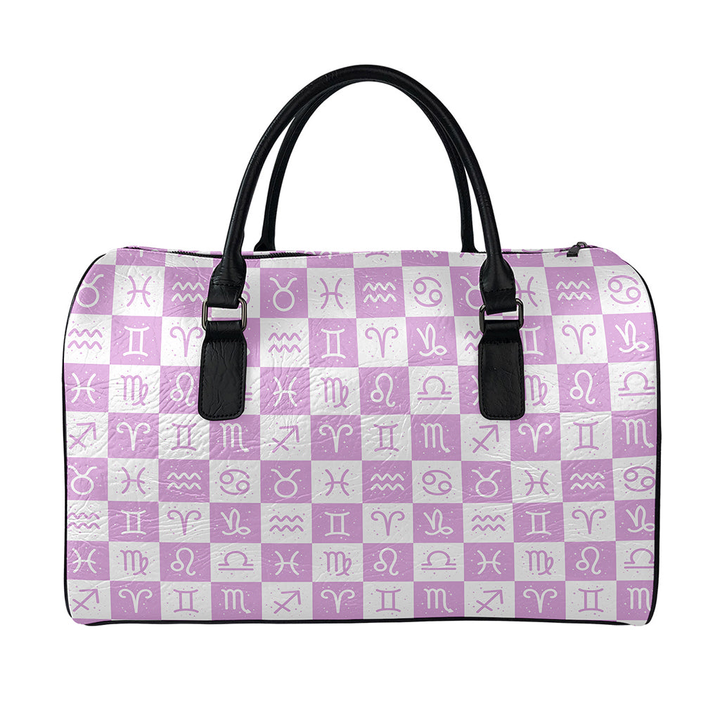 White And Purple Zodiac Signs Print Leather Duffle Bag