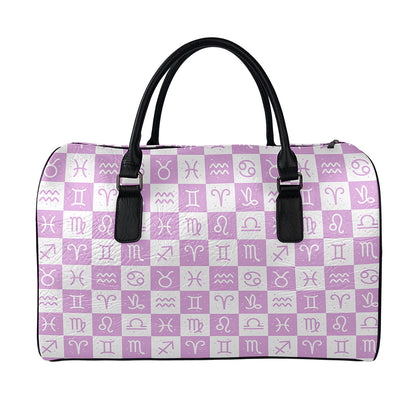 White And Purple Zodiac Signs Print Leather Duffle Bag