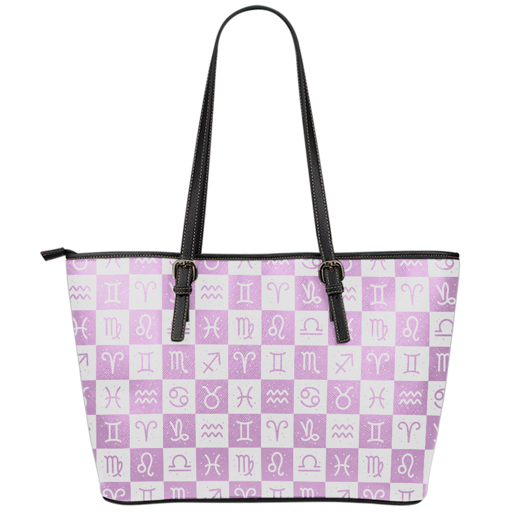 White And Purple Zodiac Signs Print Leather Tote Bag