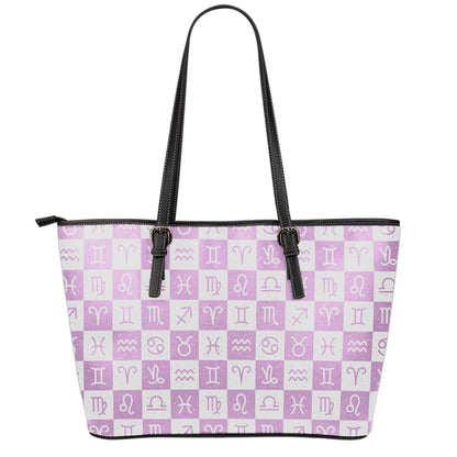 White And Purple Zodiac Signs Print Leather Tote Bag