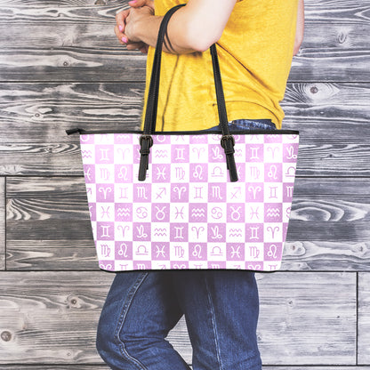White And Purple Zodiac Signs Print Leather Tote Bag