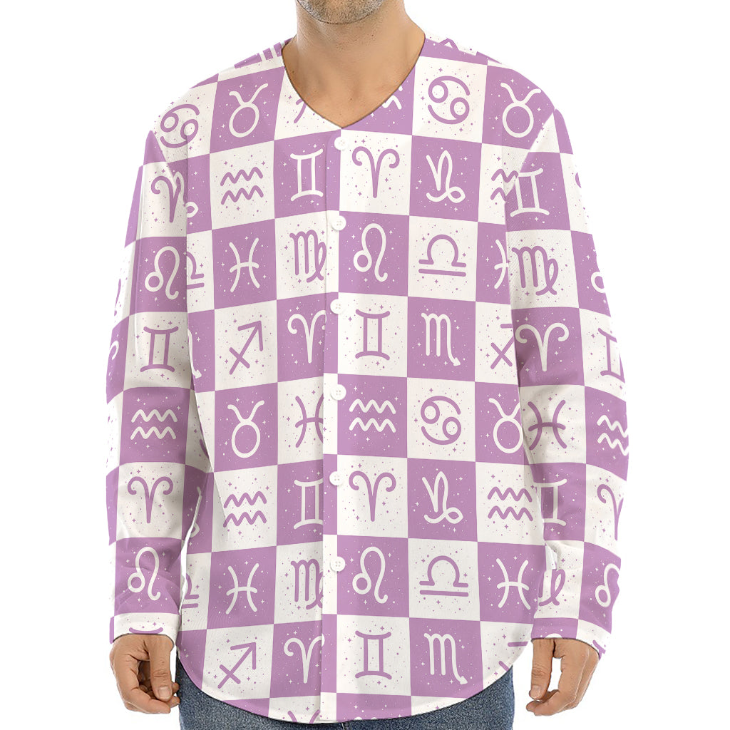 White And Purple Zodiac Signs Print Long Sleeve Baseball Jersey