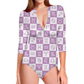 White And Purple Zodiac Signs Print Long Sleeve Swimsuit