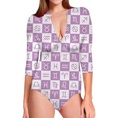 White And Purple Zodiac Signs Print Long Sleeve Swimsuit