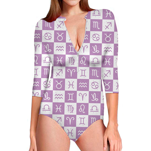 White And Purple Zodiac Signs Print Long Sleeve Swimsuit