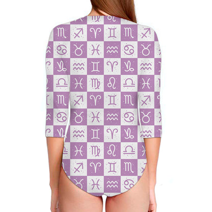 White And Purple Zodiac Signs Print Long Sleeve Swimsuit
