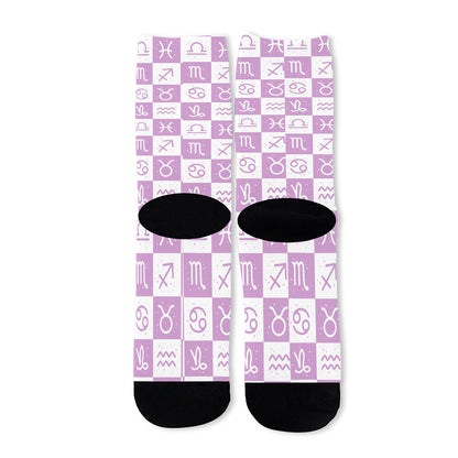 White And Purple Zodiac Signs Print Long Socks