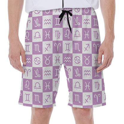 White And Purple Zodiac Signs Print Men's Beach Shorts