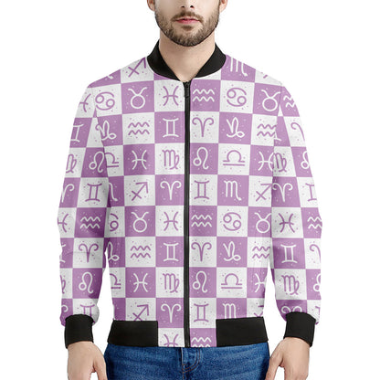 White And Purple Zodiac Signs Print Men's Bomber Jacket