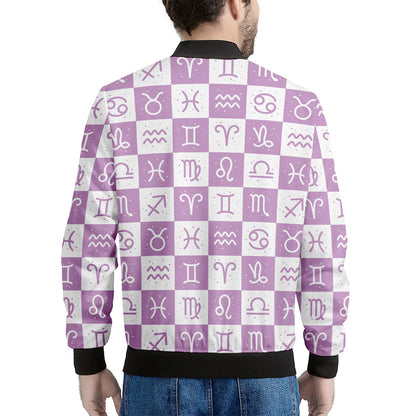 White And Purple Zodiac Signs Print Men's Bomber Jacket