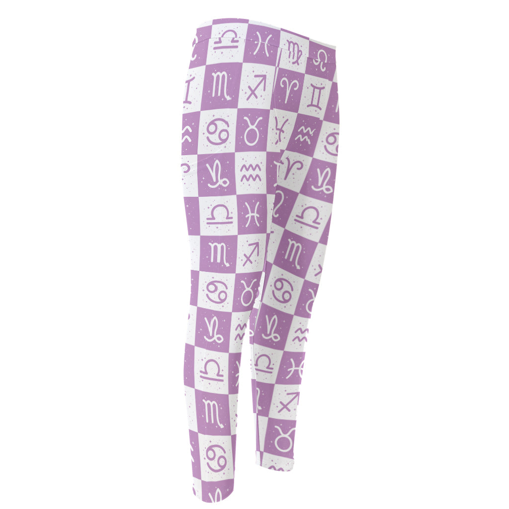 White And Purple Zodiac Signs Print Men's Compression Pants