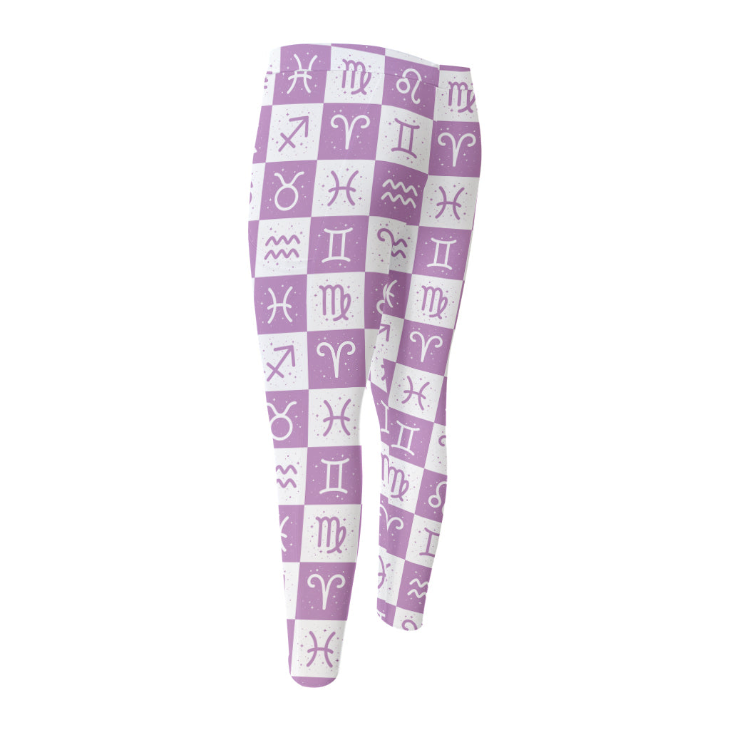 White And Purple Zodiac Signs Print Men's Compression Pants