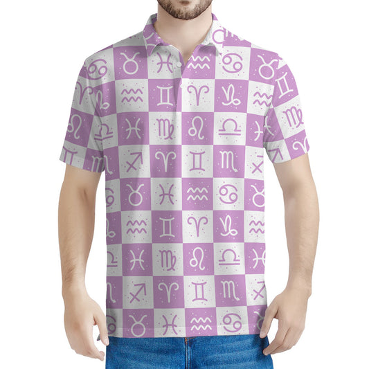 White And Purple Zodiac Signs Print Men's Polo Shirt