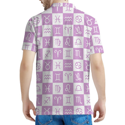 White And Purple Zodiac Signs Print Men's Polo Shirt