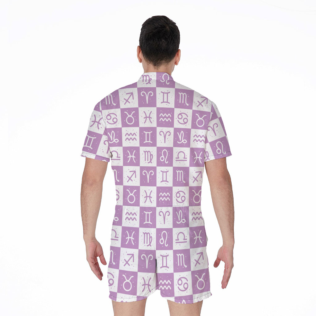 White And Purple Zodiac Signs Print Men's Rompers