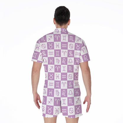 White And Purple Zodiac Signs Print Men's Rompers
