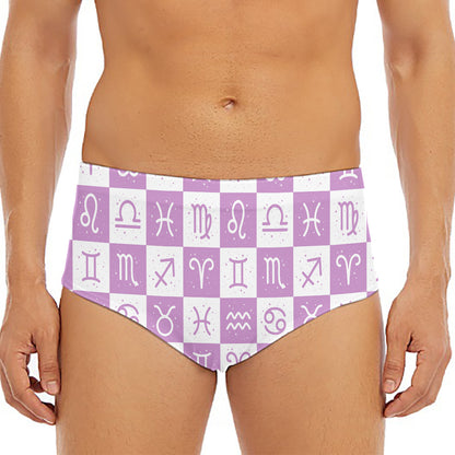 White And Purple Zodiac Signs Print Men's Triangle Swim Briefs