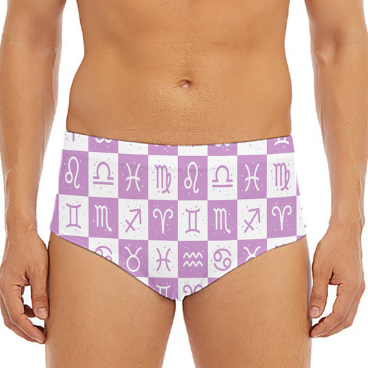 White And Purple Zodiac Signs Print Men's Triangle Swim Briefs