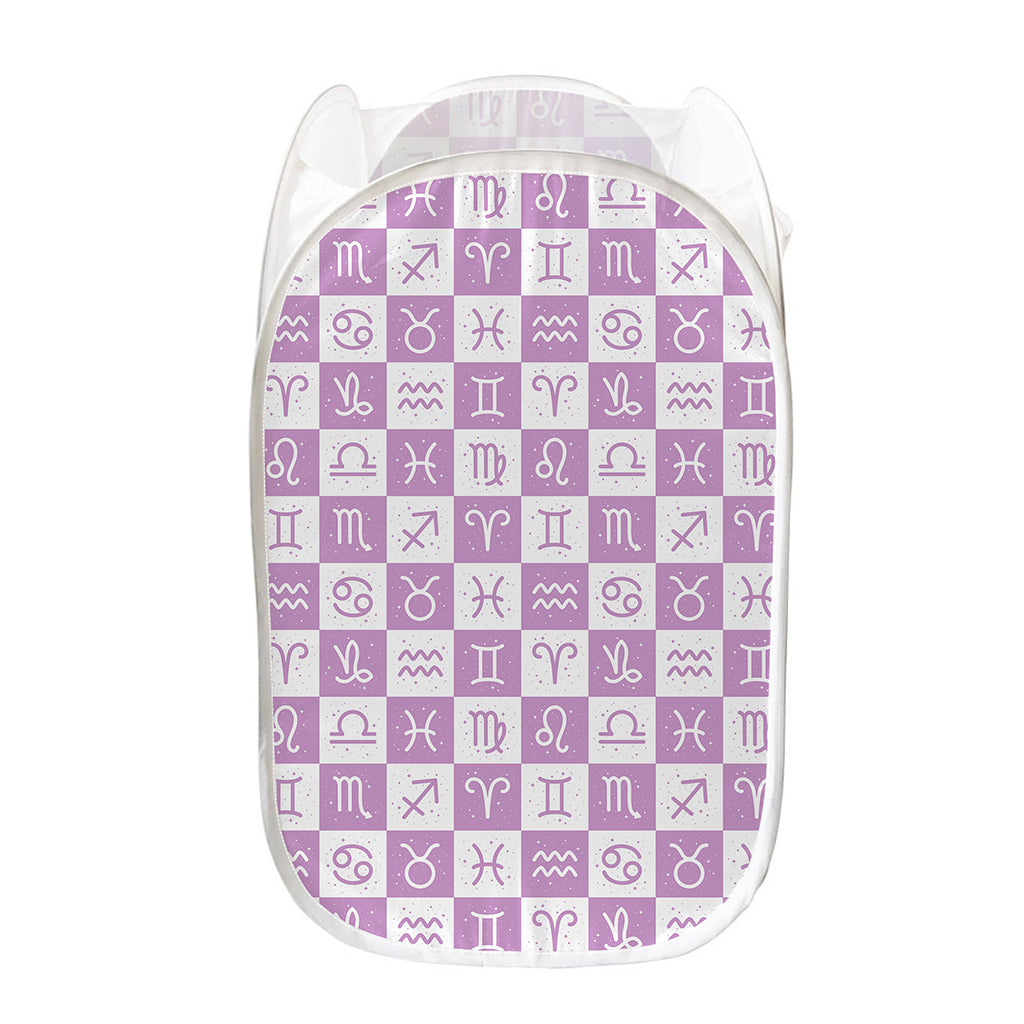White And Purple Zodiac Signs Print Mesh Laundry Hamper