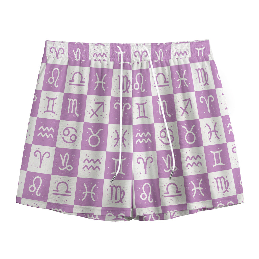 White And Purple Zodiac Signs Print Mesh Shorts