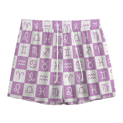 White And Purple Zodiac Signs Print Mesh Shorts