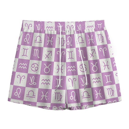 White And Purple Zodiac Signs Print Mesh Shorts
