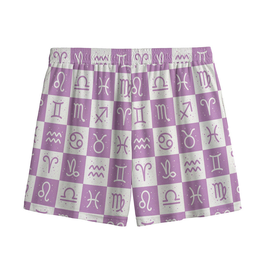 White And Purple Zodiac Signs Print Mesh Shorts