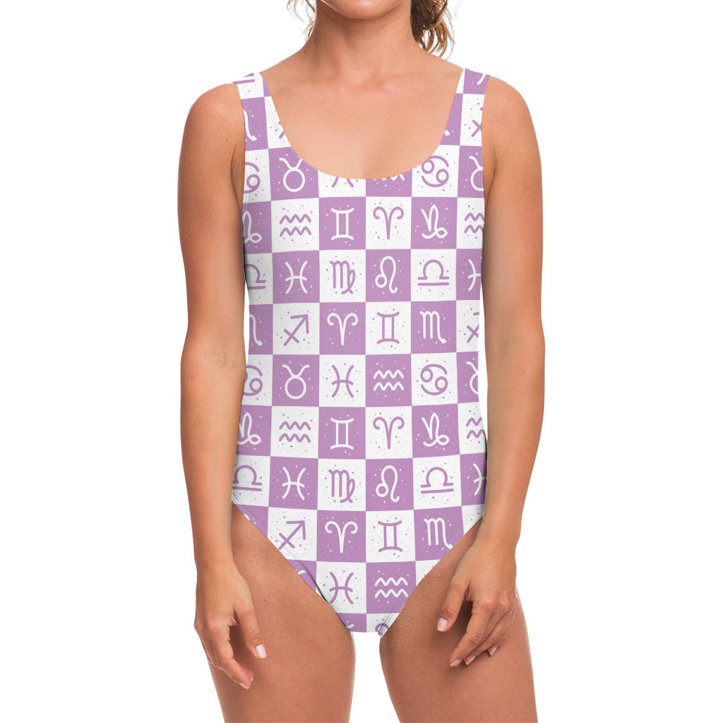 White And Purple Zodiac Signs Print One Piece Swimsuit
