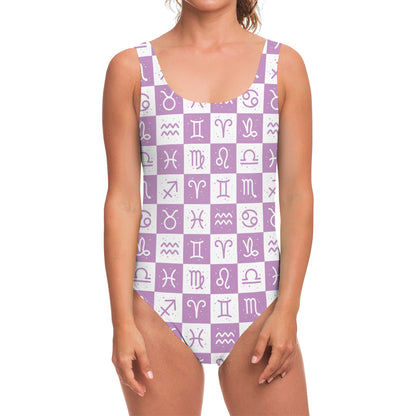 White And Purple Zodiac Signs Print One Piece Swimsuit
