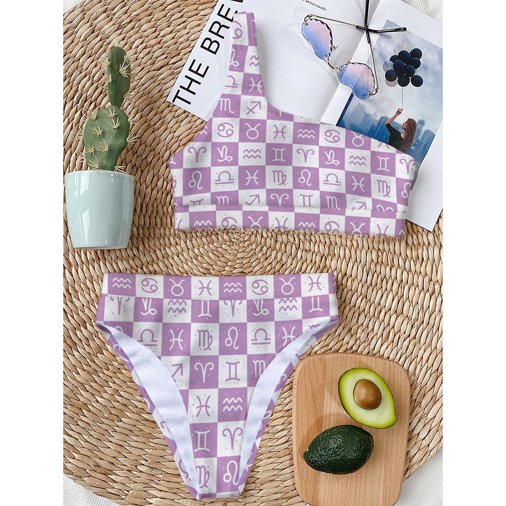White And Purple Zodiac Signs Print One Shoulder Bikini Top