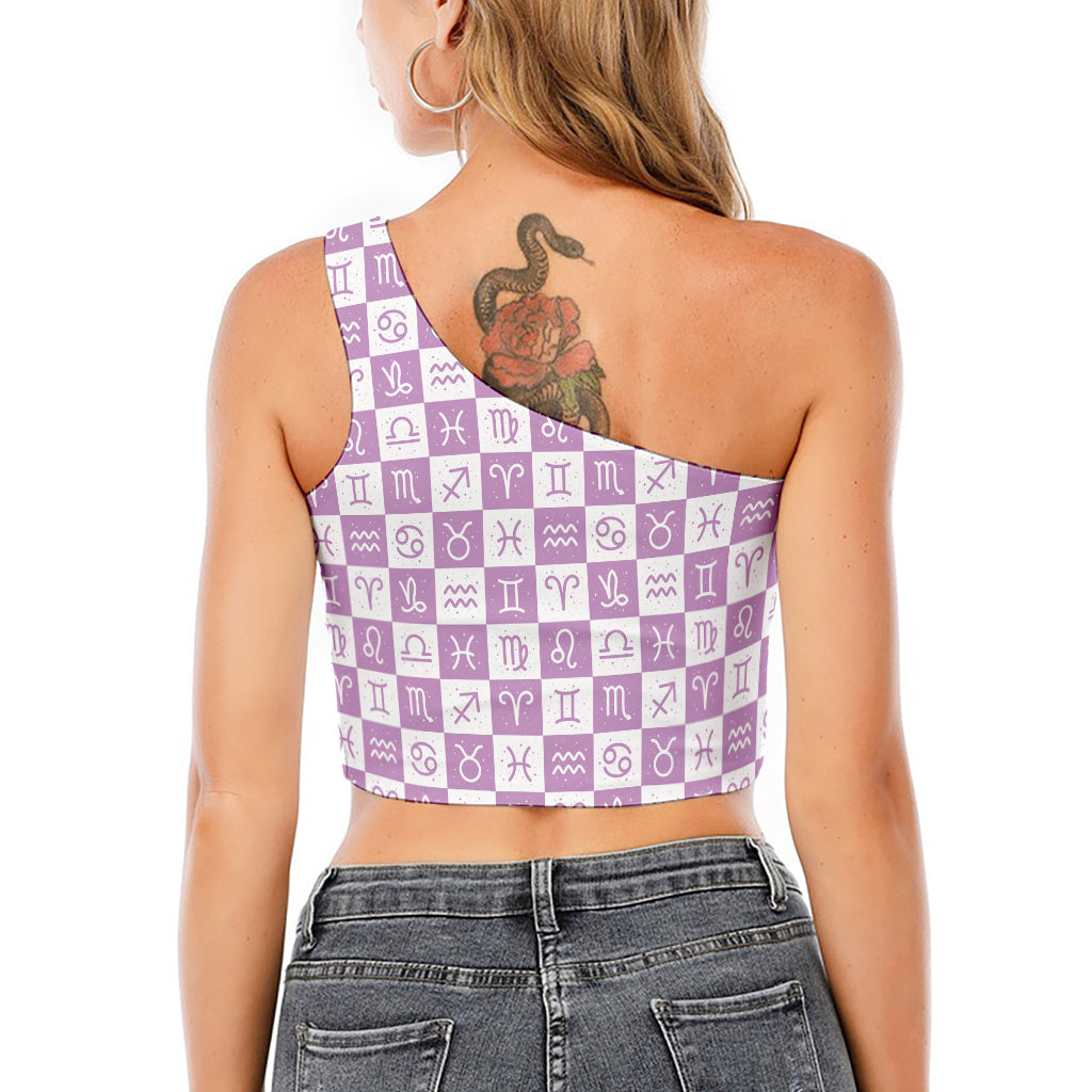 White And Purple Zodiac Signs Print One Shoulder Crop Top