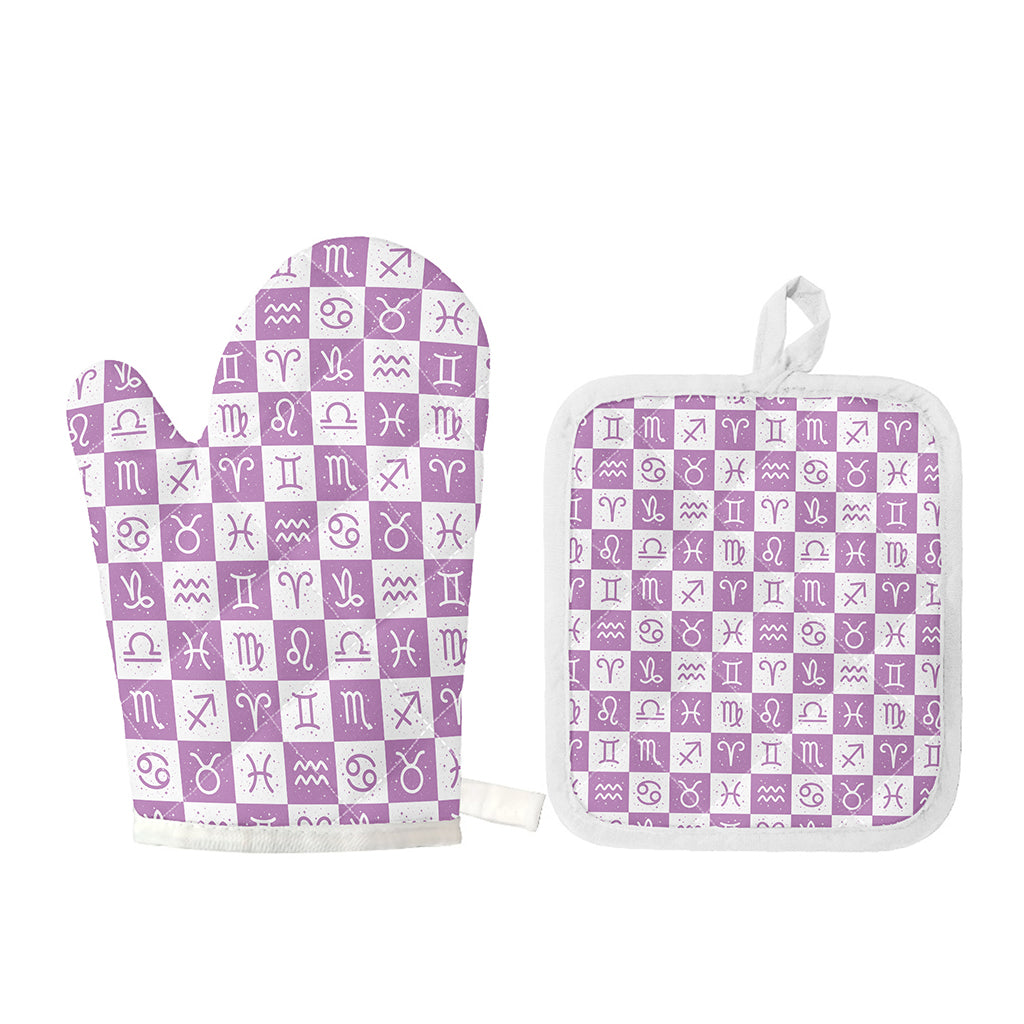White And Purple Zodiac Signs Print Oven Mitt And Pot Holder Set