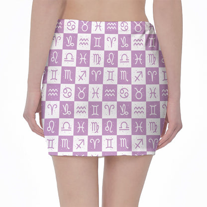 White And Purple Zodiac Signs Print Pencil Mini Skirt