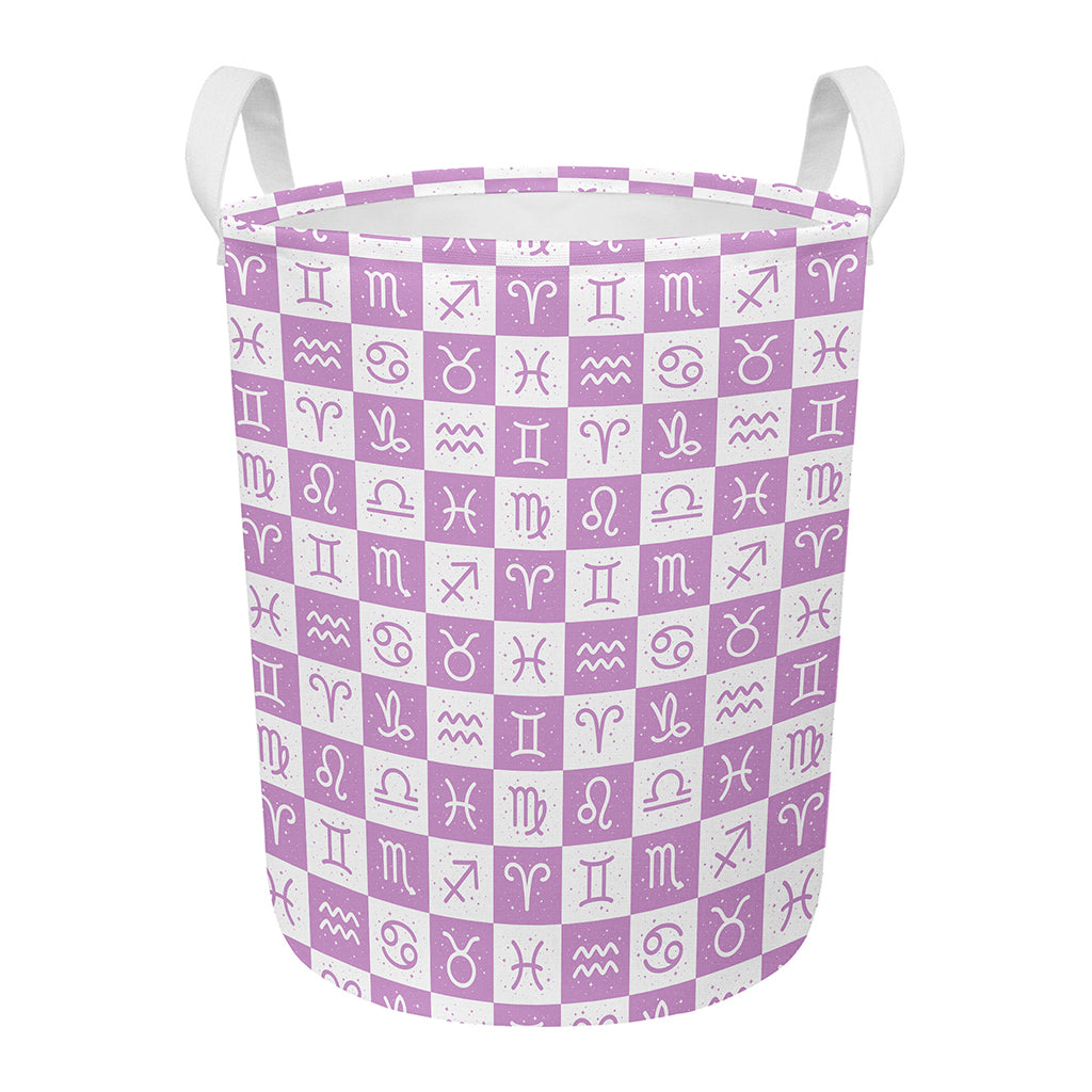 White And Purple Zodiac Signs Print Round Laundry Basket