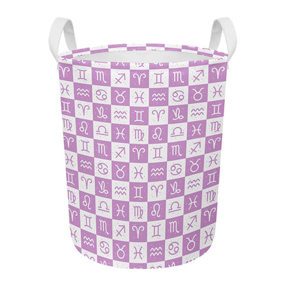 White And Purple Zodiac Signs Print Round Laundry Basket