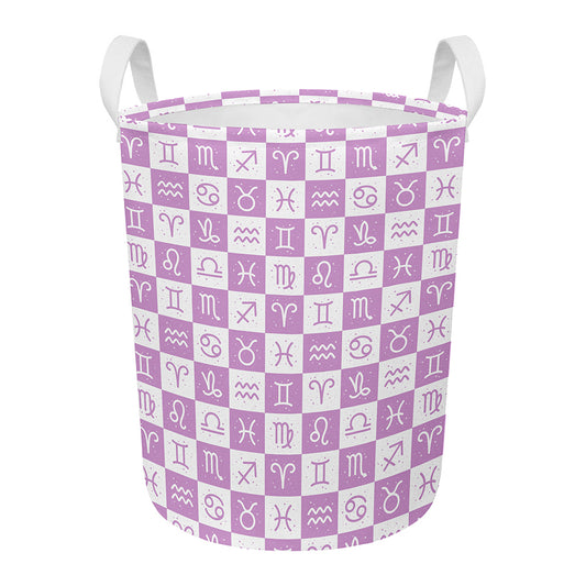White And Purple Zodiac Signs Print Round Laundry Basket