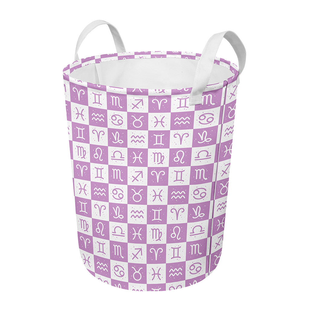 White And Purple Zodiac Signs Print Round Laundry Basket