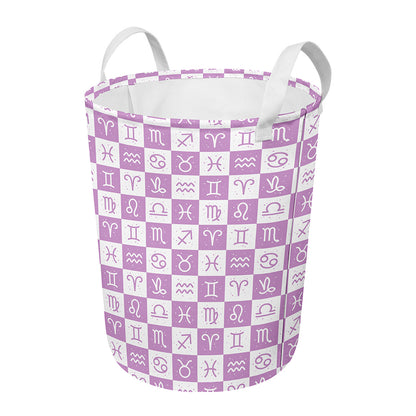 White And Purple Zodiac Signs Print Round Laundry Basket