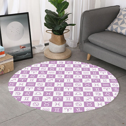 White And Purple Zodiac Signs Print Round Rug