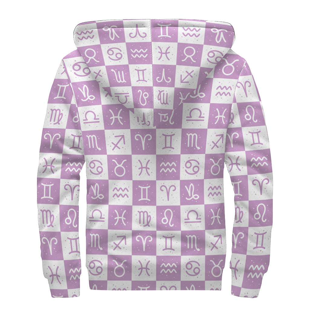 White And Purple Zodiac Signs Print Sherpa Lined Zip Up Hoodie