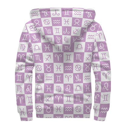White And Purple Zodiac Signs Print Sherpa Lined Zip Up Hoodie
