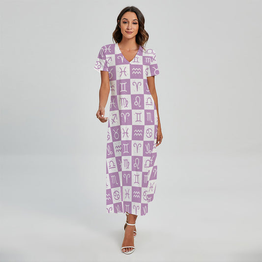 White And Purple Zodiac Signs Print Short Sleeve Maxi Dress