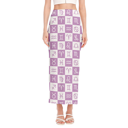 White And Purple Zodiac Signs Print Side Slit Maxi Skirt