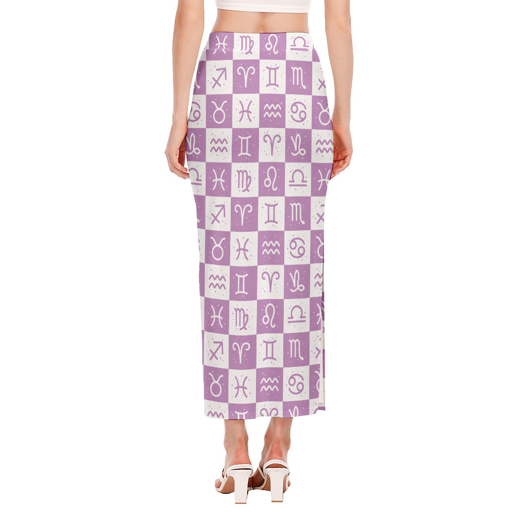White And Purple Zodiac Signs Print Side Slit Maxi Skirt