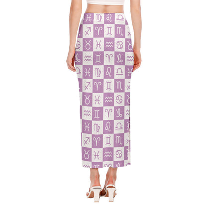 White And Purple Zodiac Signs Print Side Slit Maxi Skirt