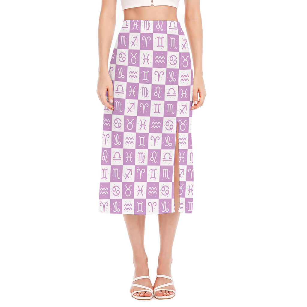 White And Purple Zodiac Signs Print Side Slit Midi Skirt