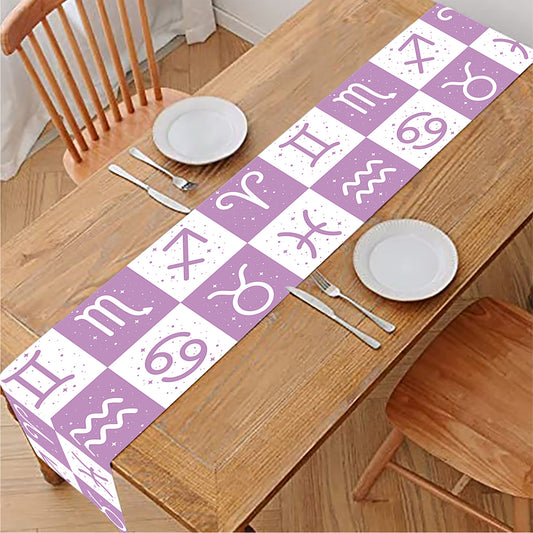 White And Purple Zodiac Signs Print Table Runner