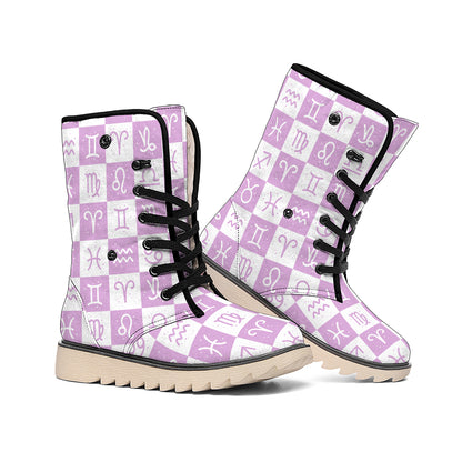 White And Purple Zodiac Signs Print Winter Boots