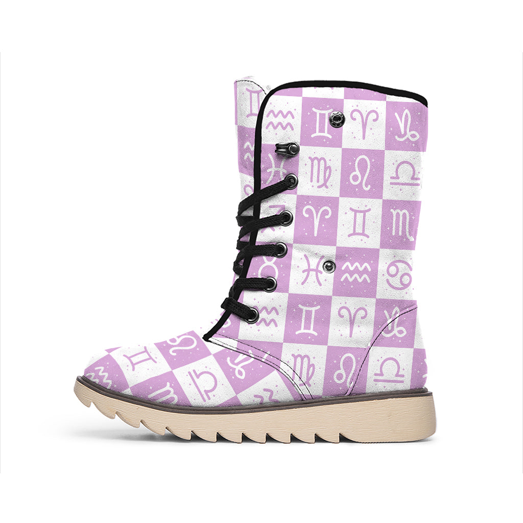 White And Purple Zodiac Signs Print Winter Boots